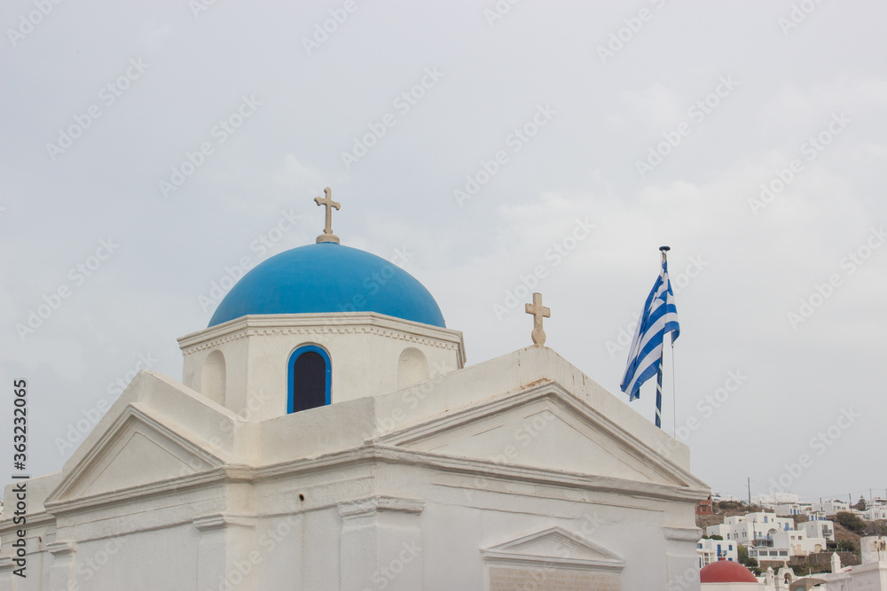 Wall mural Mykonos, Greece | Mykonos Church w/ Flag