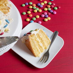home made layer cake with candies 