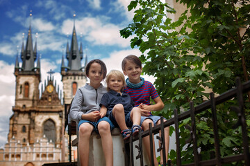 Cute child, boy, visiting Prague after the quarantine Covid 19