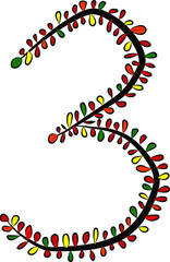 Vector image. Hand-drawn number 3. Arabic numeral. A black tree branch and bright multicolored autumn foliage. Leaves of a Bush. Autumn mood. Calligraphy and inscriptions. Eco, nature theme
