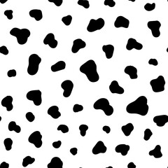 Cow or dalmatian dog skin texture seamless pattern. Black and white spotted background. Animal print design. Vector illustration.	