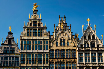 Fototapeta na wymiar Antwerp row of 16th century old houses Monumental Guildhouses facades on Grote Markt square. Antwerp, Belgium, Flanders
