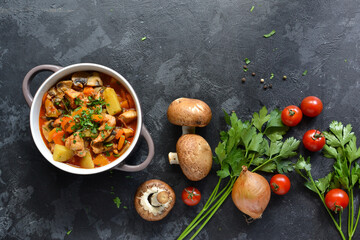 Stew with chicken, potatoes, onions, mushrooms, tomatoes and carrots, and parsley. Vegetable stew. Dark background. Top view.