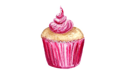 Watercolor sweets isolated on white background. Bright cupcake. Delicious and tasty dessert. Hand drawn illustration for cafe or restaurant menu and decoration
