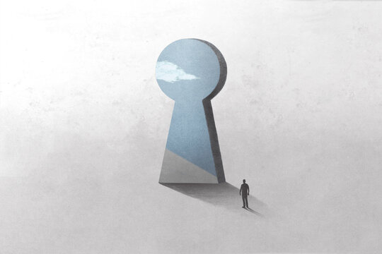 Fototapeta illustration of key hole shape door, optical illusion surreal concept