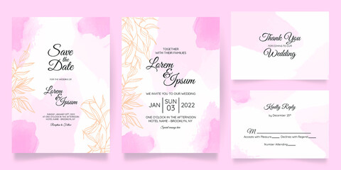 Fototapeta na wymiar watercolor creamy wedding invitation card template set with golden floral frame