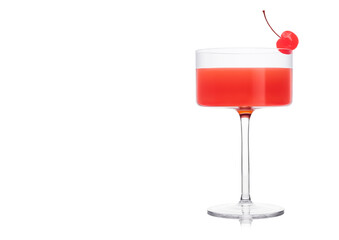 Cosmopolitan cocktail in modern crystal glass with pink cherry on white.