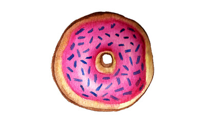 Watercolor sweets isolated on white background. Bright pink donut. Delicious and tasty dessert. Hand drawn illustration for cafe or restaurant menu and decoration