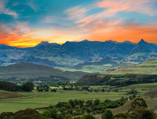 Breathtaking Drakensberg valley and mountain landscape in Kwazulu Natal South Africa