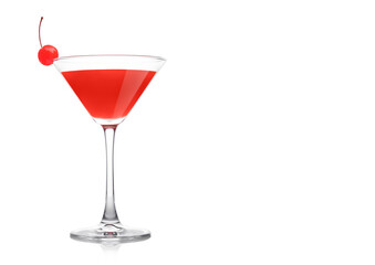 Cosmopolitan cocktail in classic crystal glass with pink cherry on white.