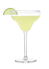 Classic crystal glass of Margarita cocktail with fresh lime slice on white.
