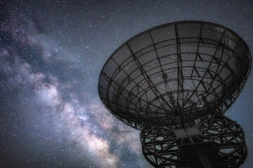 milkyway with silhouette of a parabola antenna