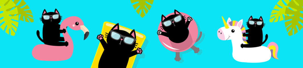 Hello Summer. Black cat floating on white flamingo unicorn pool float water circle, mattress. Swimming pool. Cute cartoon character. Top air view banner. Sunglasses. Palm tree leaf. Flat design.