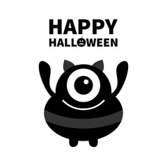 Monster silhouette. Happy Halloween. Cute cartoon kawaii sad character icon. Ears, one eye, hands. Funny baby collection. Black color. Flat design. White background. Isolated.