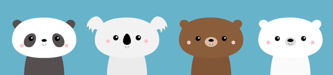Bear set. Panda, koala, grizzly, polar cub. Cute kawaii cartoon character. Funny head face. Happy Valentines Day. Baby greeting card template. Notebook cover, tshirt. Blue background. Flat design.