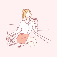 Happy girl hold pen and thinking, working woman concept hand drawing character style vector.