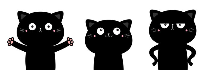Cat set. Funny kitten kitty giving a hug, angry. Cute kawaii cartoon character. Black icon. Happy Valentines Day. Baby greeting card tshirt notebook cover print. White background. Flat design.
