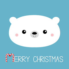 Merry Christmas. Candycane text. Polar white bear cub face. Happy New Year. Cute cartoon baby character. Arctic animal. Hello winter. Flat design. Greeting card print. Blue background.