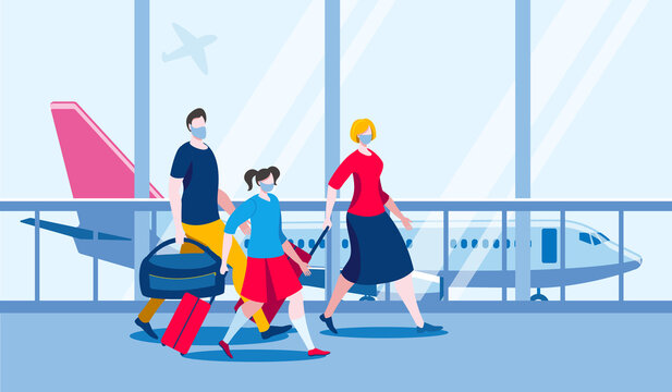A family in medical masks is boarding a plane. Vector illustration on the theme of traveling by plane during the coronavirus epidemic.