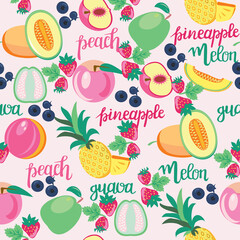 pattern with fruits peach, guava, melon, pineapple and strawberries