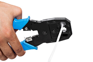 Set of photos tool for crimping of twisted pair in different angels on a white background. using...