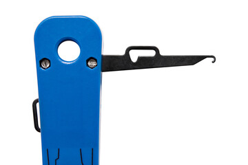 Punch down tool with blade in progress with cable cat5E and patch pannel isolated on white background. Close up template