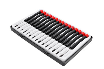 Set screwdriver 15 items in box, for repair mobile phones. Isolated on a withe background.