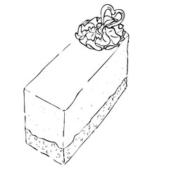 Rectangle slice of cake. Yogurt whipped cream piece of cake vector illustration. Black and white. Coloring book