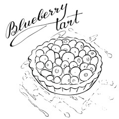 Hand drawn blueberry tart with icing and shavings, sketch style vector illustration isolated on white background. Realistic hand drawing of tart with blueberries