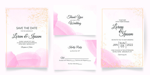 watercolor creamy wedding invitation card template set with golden floral frame