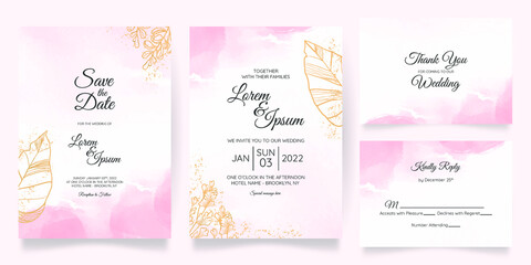Fototapeta premium watercolor creamy wedding invitation card template set with golden floral frame