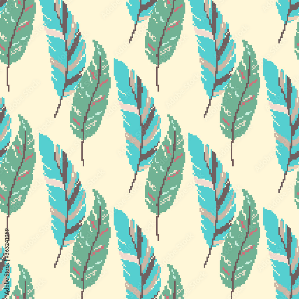 Poster seamless pattern vector pixel art feather. 8 bit