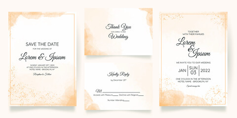 watercolor creamy wedding invitation card template set with golden floral frame