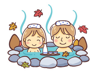 紅葉の季節に温泉に入る男女・カップル・夫婦のイラスト（秋の露天風呂）
