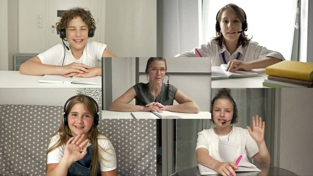 Computer monitor and teacher with kids studying by internet. Online education, distance learning, communication, teaching, study.