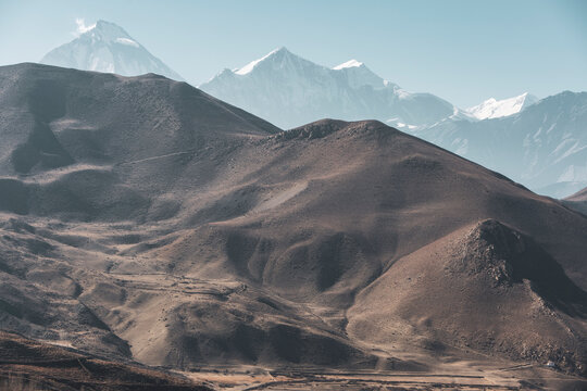 Far away mountains near muktinath temple at mustang, Nepal. Blue sky sunny day.