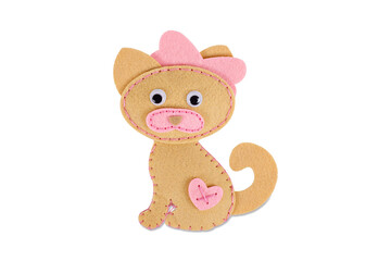 Needlework. Sewing toy with colored thread. Handmade soft toy. Needle, texture. Toy owl on a white background