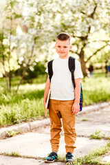 Smiling boy first-grader with backpack and book goes to school