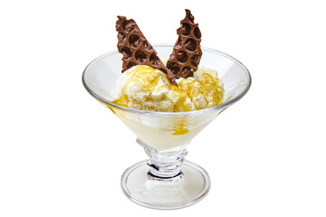 Homemade vanilla ice cream with pieces of crushed black chocolate