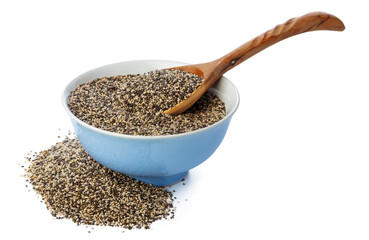 Bowl with chia seeds isolated on white