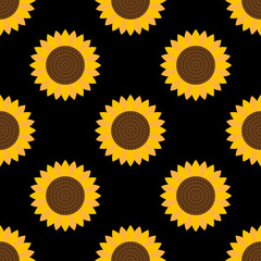 Sunflowers seamless pattern. Colorful modern flat style. Abstract elements on a black background. For decoration backdrops, banners, packings, textiles, paper, wallpapers, fabrics, creatives designs.