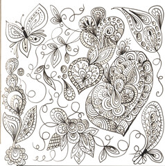 doodles abstract flowers heart butterfly and leaves