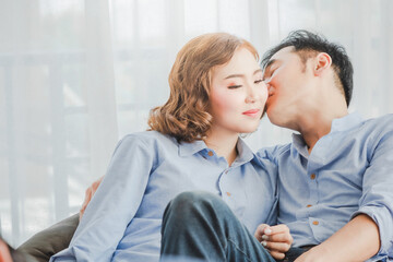 Asian Japanese Family father mother kiss for daring in bedroom.To keep memories moment cuteness of love lifestyle happy