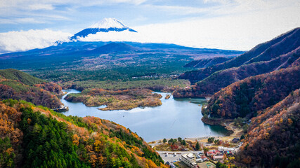 panoramic landscape aerial view lake Saiko Yamanshi and Fuji mountain background japan autumn season