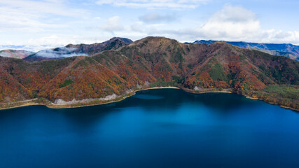 nature landscape aerial view lake shojiko and mountain at autumn in japan