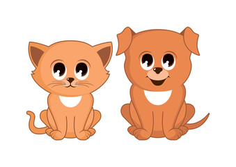 Very cute brown little kitten and puppy icon set vector. Adorable rusty puppy and kitten vector. Super cute red puppy and kitten vector. Sitting brown baby dog and baby cat cartoon character