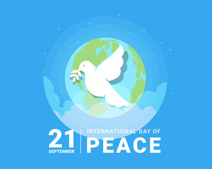 international day of peace - white dove with leaf sign and earth world on blue background vector design