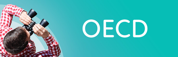 OECD (Organisation für wirtschaftliche Zusammenarbeit und Entwicklung). Mann mit Fernglas aus...