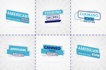 Blue cooking book set for food and recipe magazines. Restaurant menu titles or badges for food stores and restaurants. Minimalist design for recipe banners