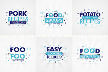 Blue cooking book set for food and recipe magazines. Restaurant menu titles or badges for food stores and restaurants. Minimalist design for recipe banners
